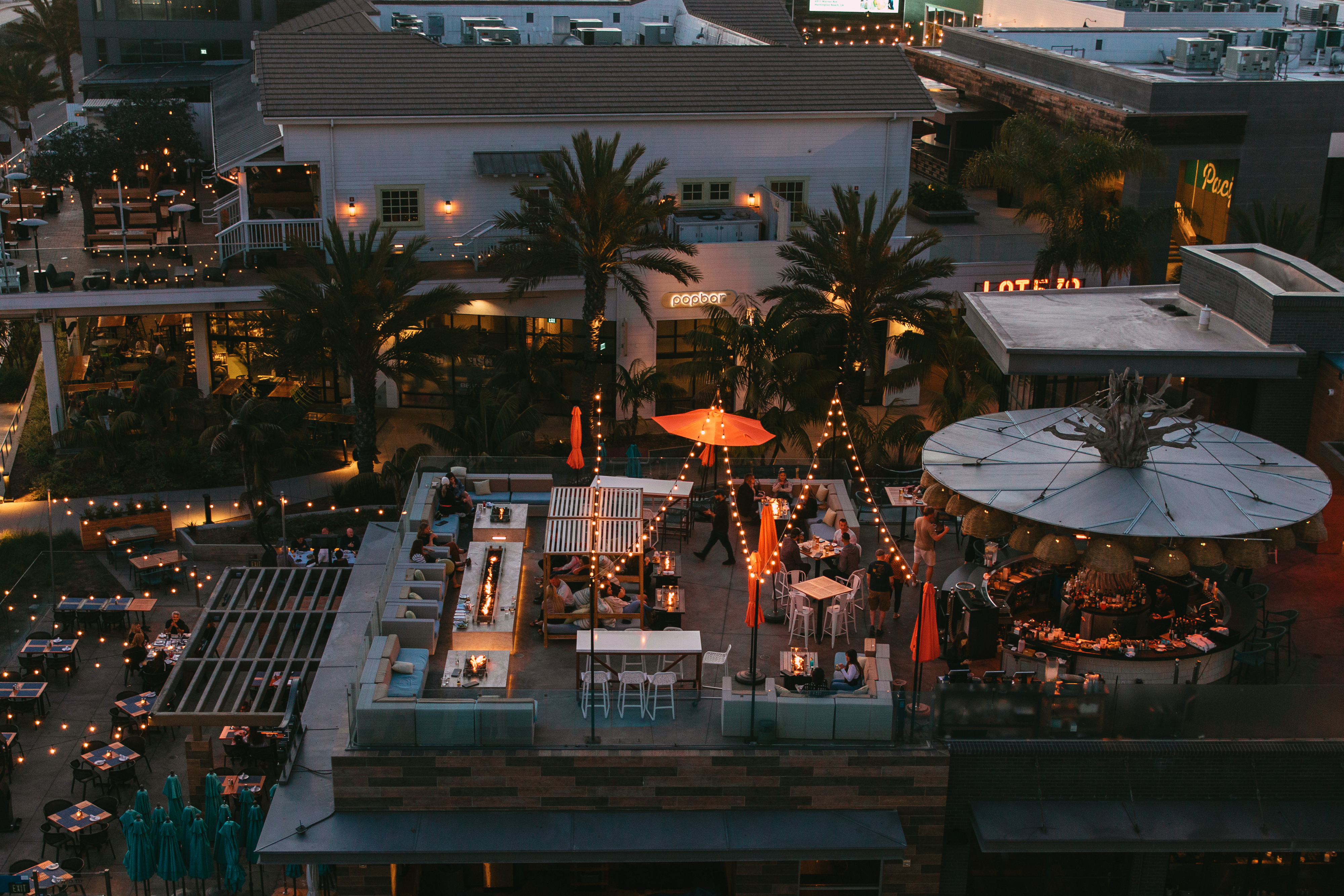 A rooftop restaurant and bar at dusk, with outdoor seating, string lights, diners at tables, and palm trees surrounding the area.